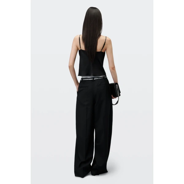 Alexander Wang Mid-Rise Layered Boxer Belted Tailored Pant in Black and White Pinstripe | Tailored pants | Luxury Shoes 