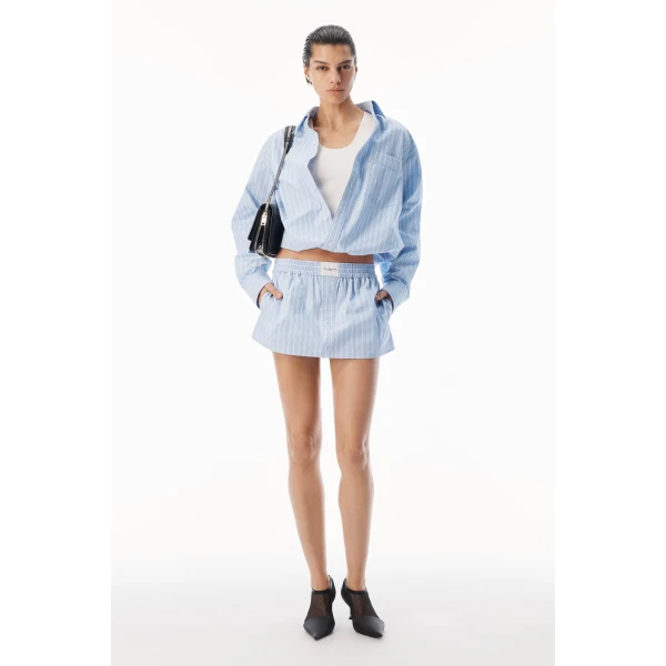 Alexander Wang Mid-Rise Mini Boxer Skort in Light Blue Stripe | Mini Skirts | Luxury Shoes 