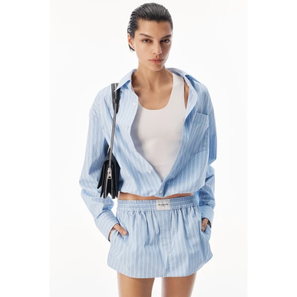 Alexander Wang Mid-Rise Mini Boxer Skort in Light Blue Stripe | Mini Skirts | Luxury Shoes 