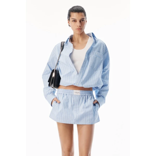 Alexander Wang Mid-Rise Mini Boxer Skort in Light Blue Stripe | Mini Skirts | Luxury Shoes 