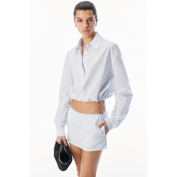 Alexander Wang Mid-Rise Mini Skort with Bungee Drawcord in White and Blue Stripe | Mini Skirts | Luxury Shoes 