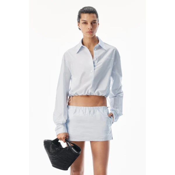 Alexander Wang Mid-Rise Mini Skort with Bungee Drawcord in White and Blue Stripe | Mini Skirts | Luxury Shoes 