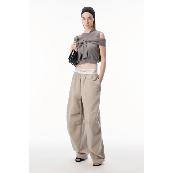 Alexander Wang Mid-Rise Pleated Wide-Leg Pant with Logo Elastic Waist in Stone | Wide leg pants | Luxury Shoes 