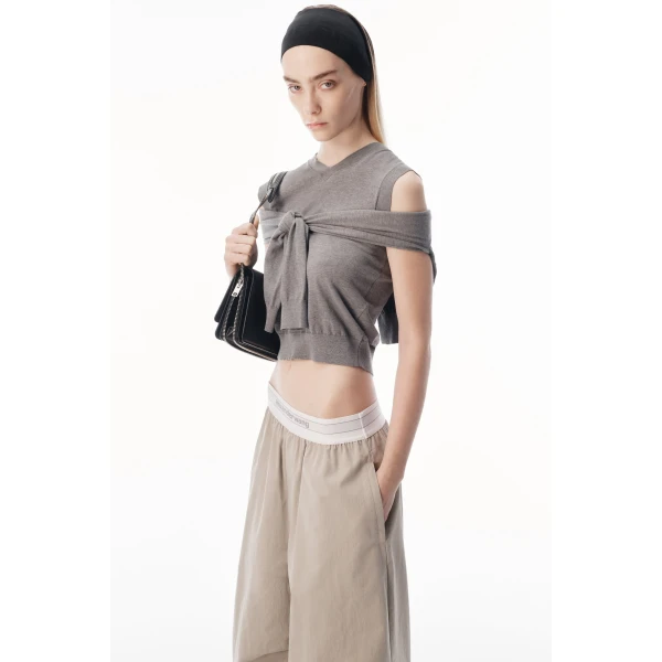 Alexander Wang Mid-Rise Pleated Wide-Leg Pant with Logo Elastic Waist in Stone | Wide leg pants | Luxury Shoes 