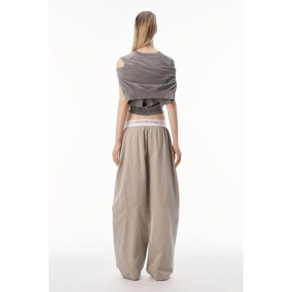 Alexander Wang Mid-Rise Pleated Wide-Leg Pant with Logo Elastic Waist in Stone | Wide leg pants | Luxury Shoes 