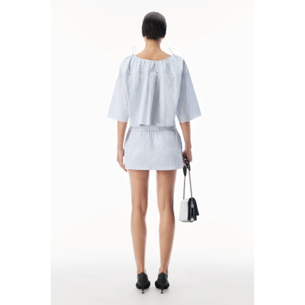 Alexander Wang Off-Shoulder Cropped Shirt with Bungee Drawcord in White and Blue | Shirts | Luxury Shoes 