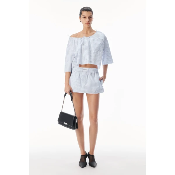 Alexander Wang Off-Shoulder Cropped Shirt with Bungee Drawcord in White and Blue | Shirts | Luxury Shoes 