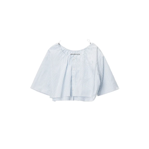 Off-Shoulder Cropped Shirt with Bungee Drawcord in White and Blue
