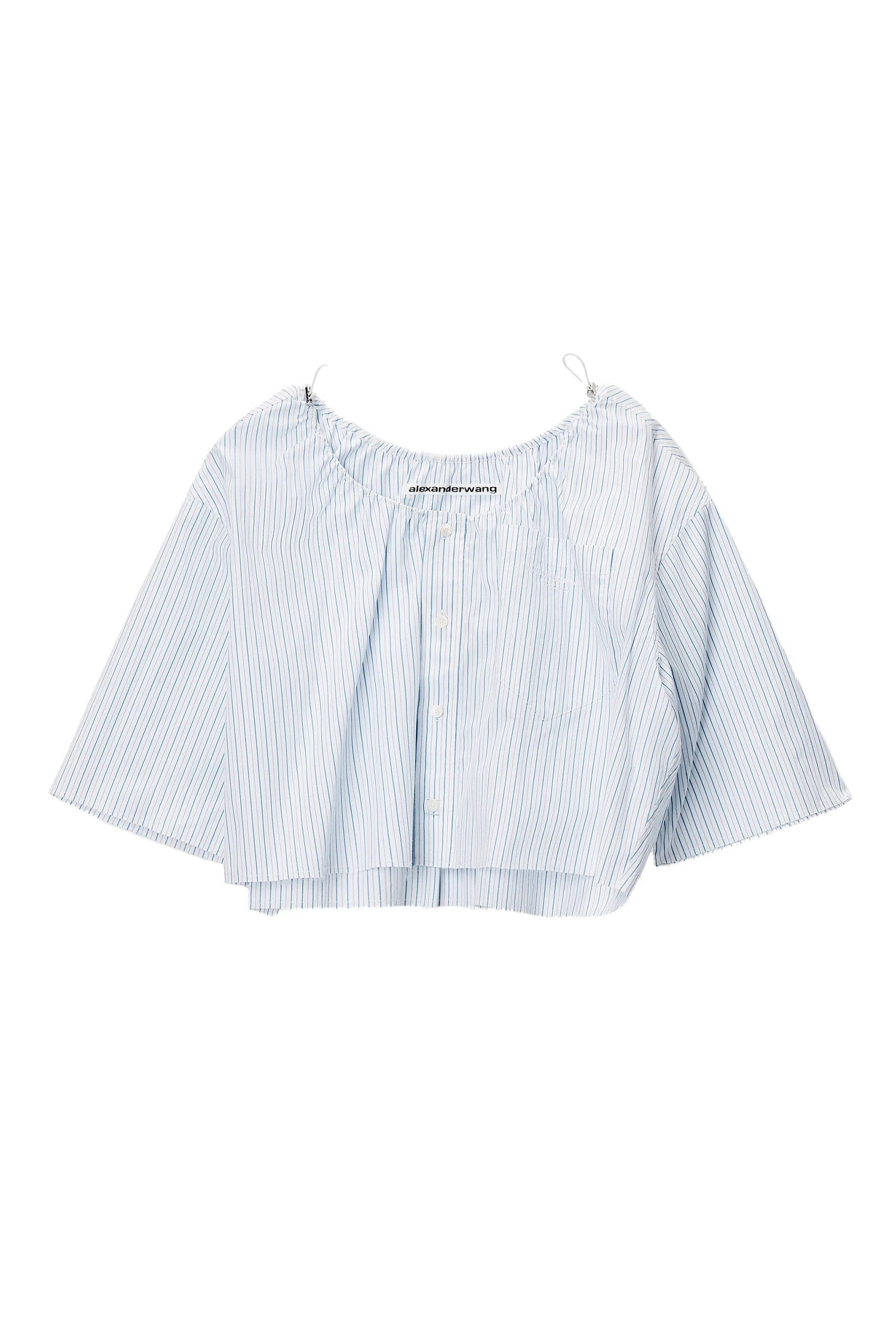 Alexander Wang Off-Shoulder Cropped Shirt with Bungee Drawcord in White and Blue Alexander Wang Off-Shoulder Cropped Shirt with Bungee Drawcord in White and Blue | Luxury Shoes