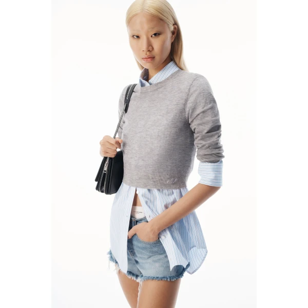 Alexander Wang Sheer Crewneck Sweater Button Up in Heather Grey | Sweaters | Luxury Shoes 