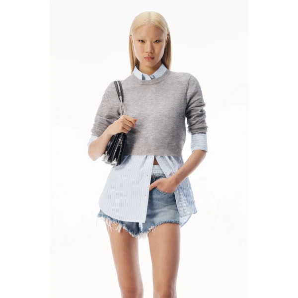 Alexander Wang Sheer Crewneck Sweater Button Up in Heather Grey | Sweaters | Luxury Shoes 