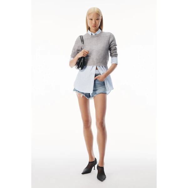 Alexander Wang Sheer Crewneck Sweater Button Up in Heather Grey | Sweaters | Luxury Shoes 
