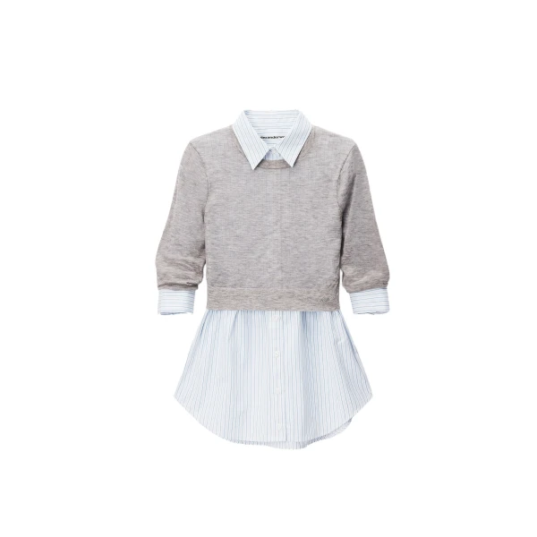 Sheer Crewneck Sweater Button Up in Heather Grey