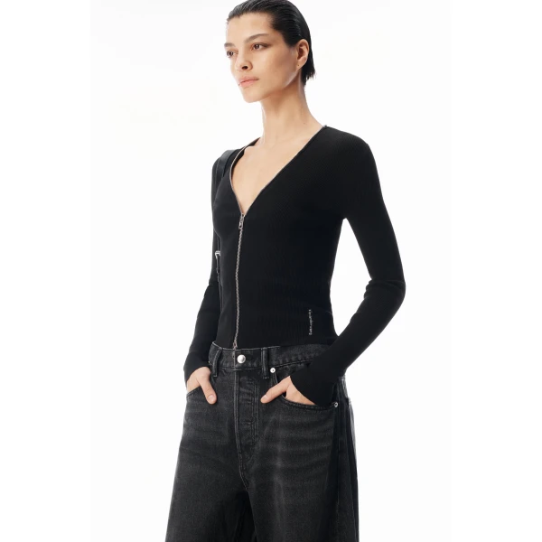 Alexander Wang V-Neck Pointelle Zip Cardigan in Black | Cardigan | Luxury Shoes 