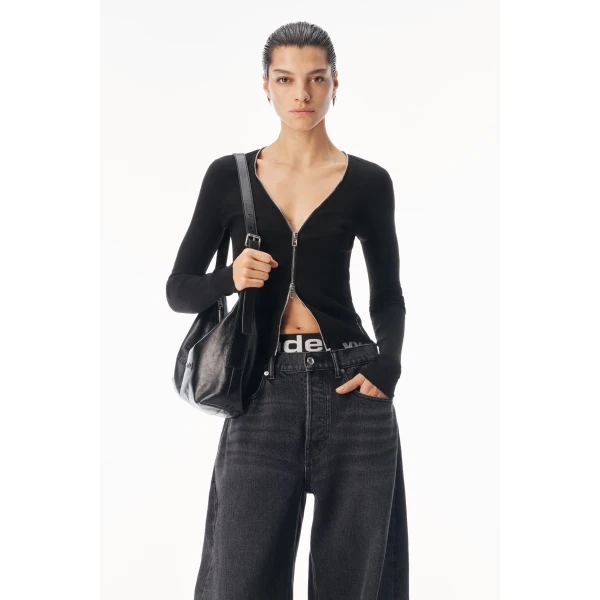Alexander Wang V-Neck Pointelle Zip Cardigan in Black | Cardigan | Luxury Shoes 