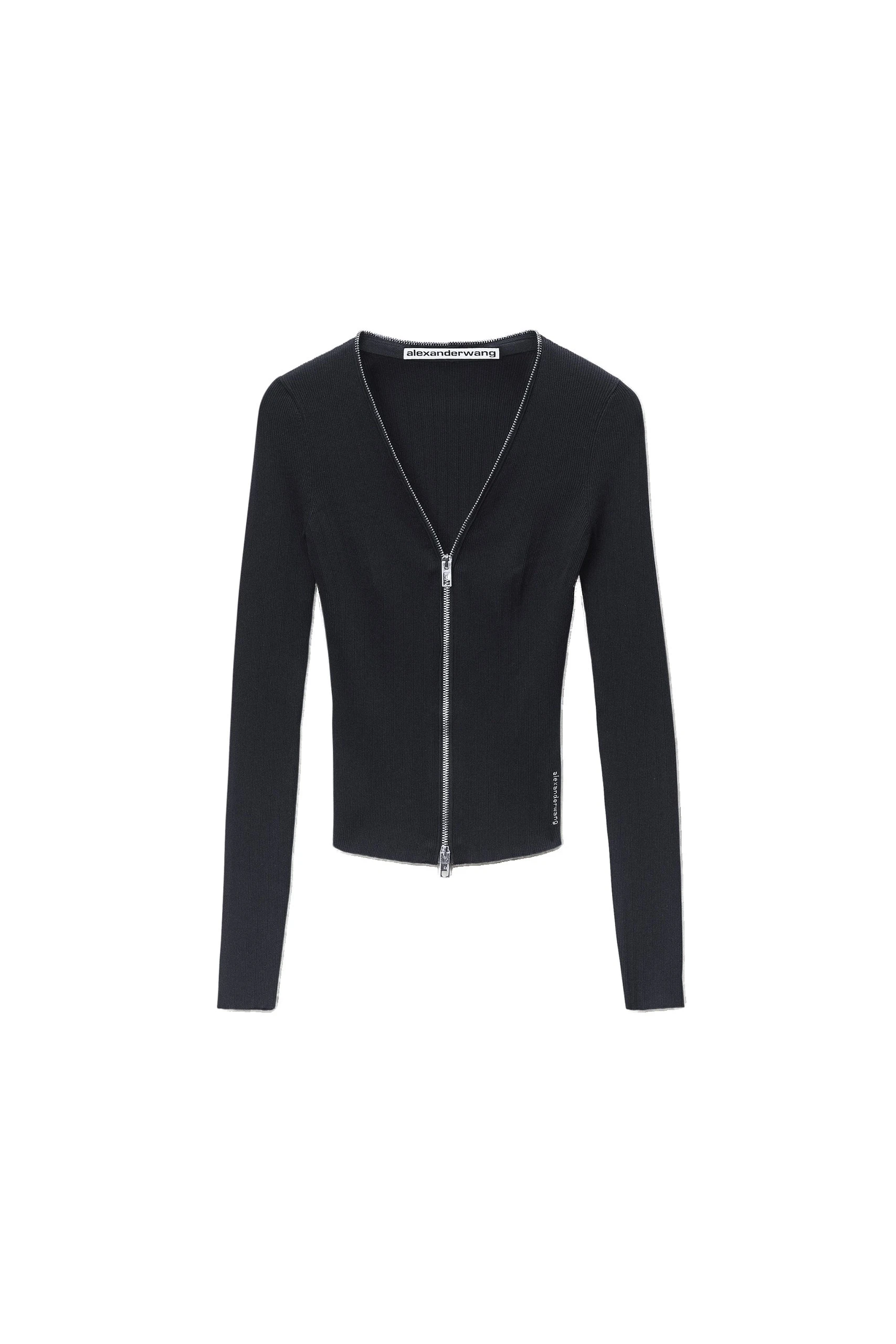 Alexander Wang V-Neck Pointelle Zip Cardigan in Black Alexander Wang V-Neck Pointelle Zip Cardigan in Black | Luxury Shoes