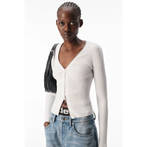 Alexander Wang V-Neck Pointelle Zip Cardigan in White | Cardigan | Luxury Shoes 