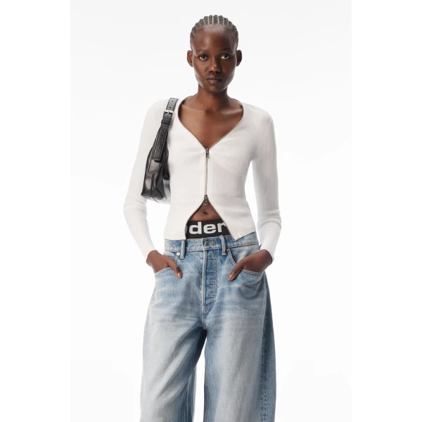 Alexander Wang V-Neck Pointelle Zip Cardigan in White | Cardigan | Luxury Shoes 