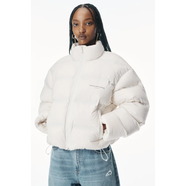 Alexander Wang White Logo Jacquard Puffer Jacket in Paper White | Jackets | Luxury Shoes 