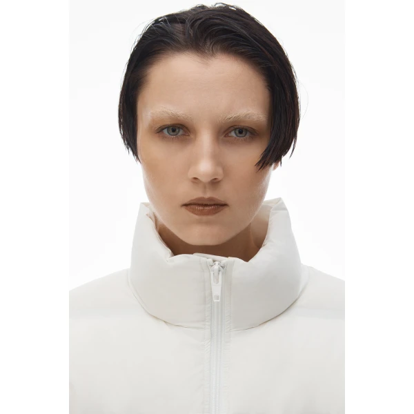 Alexander Wang White Logo Jacquard Puffer Jacket in Paper White | Jackets | Luxury Shoes 