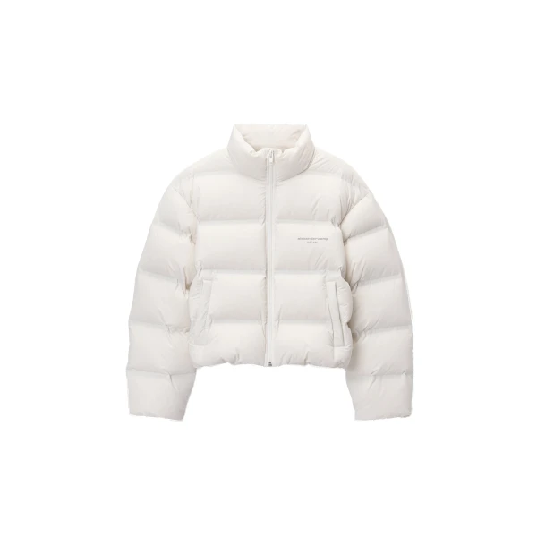 Alexander Wang White Logo Jacquard Puffer Jacket in Paper White | Luxury Shoes 