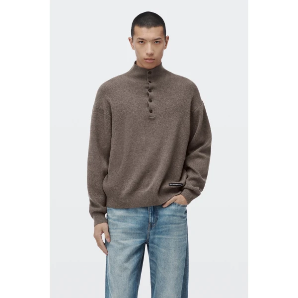 Alexander Wang Wool Turtleneck Henley in Dark Oatmeal Melange | Long Sleeve | Luxury Shoes 