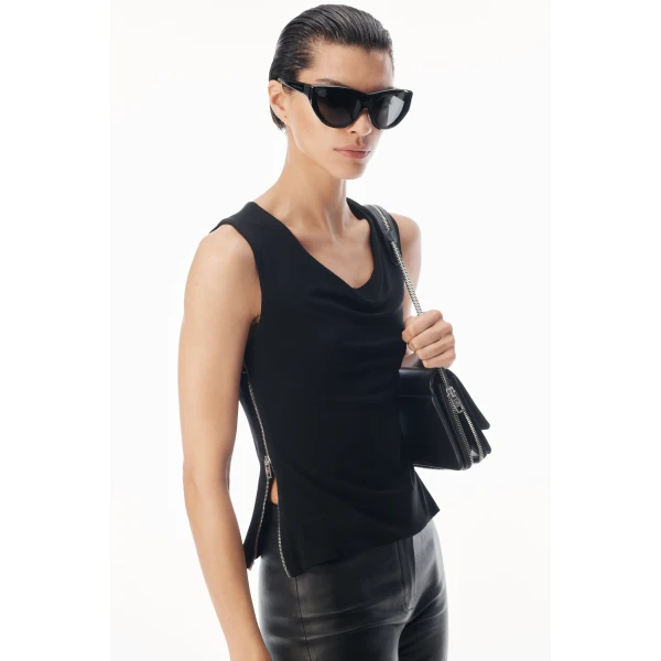 Alexander Wang Zipper Detail Cowl Neck Tank in Black | Sleeveless | Luxury Shoes 