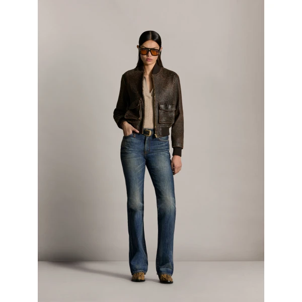 Amiri Crackled Leather Bomber in Husk, view 2 | Leather Jackets | Luxury Shoes 