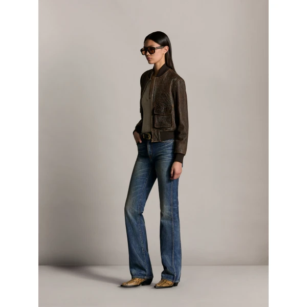 Amiri Crackled Leather Bomber in Husk, view 3 | Leather Jackets | Luxury Shoes 