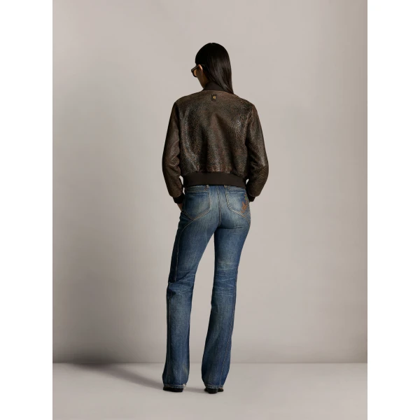 Amiri Crackled Leather Bomber in Husk, view 4 | Leather Jackets | Luxury Shoes 