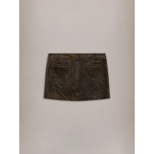 Amiri Crackled Leather Mini Skirt in Husk, view 2 | Leather Skirts | Luxury Shoes 