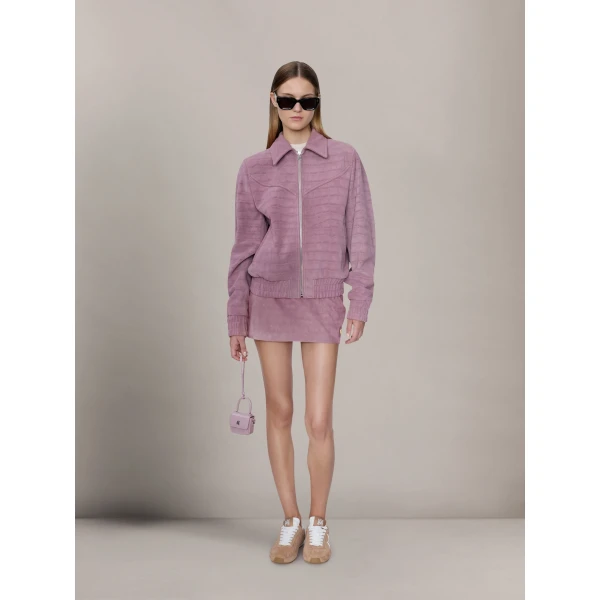 Amiri Croc Suede Mini Skirt in Dusk, view 2 | Mini Skirts | Luxury Shoes 