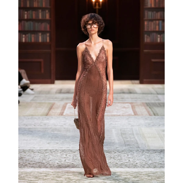 Amiri Lace Slip Gown in Coffee, view 2 | Evening Gowns | Luxury Shoes 