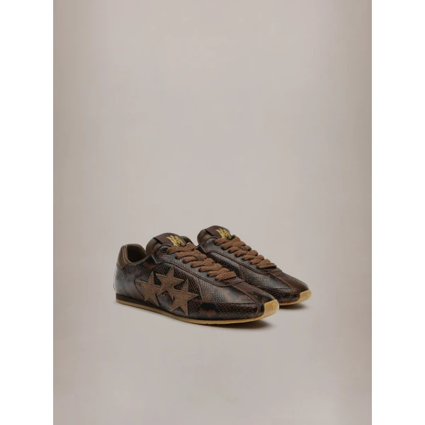 Amiri Python Embossed Pacific Flat Sneakers in Brown, view 2 | Sneakers | Luxury Shoes 
