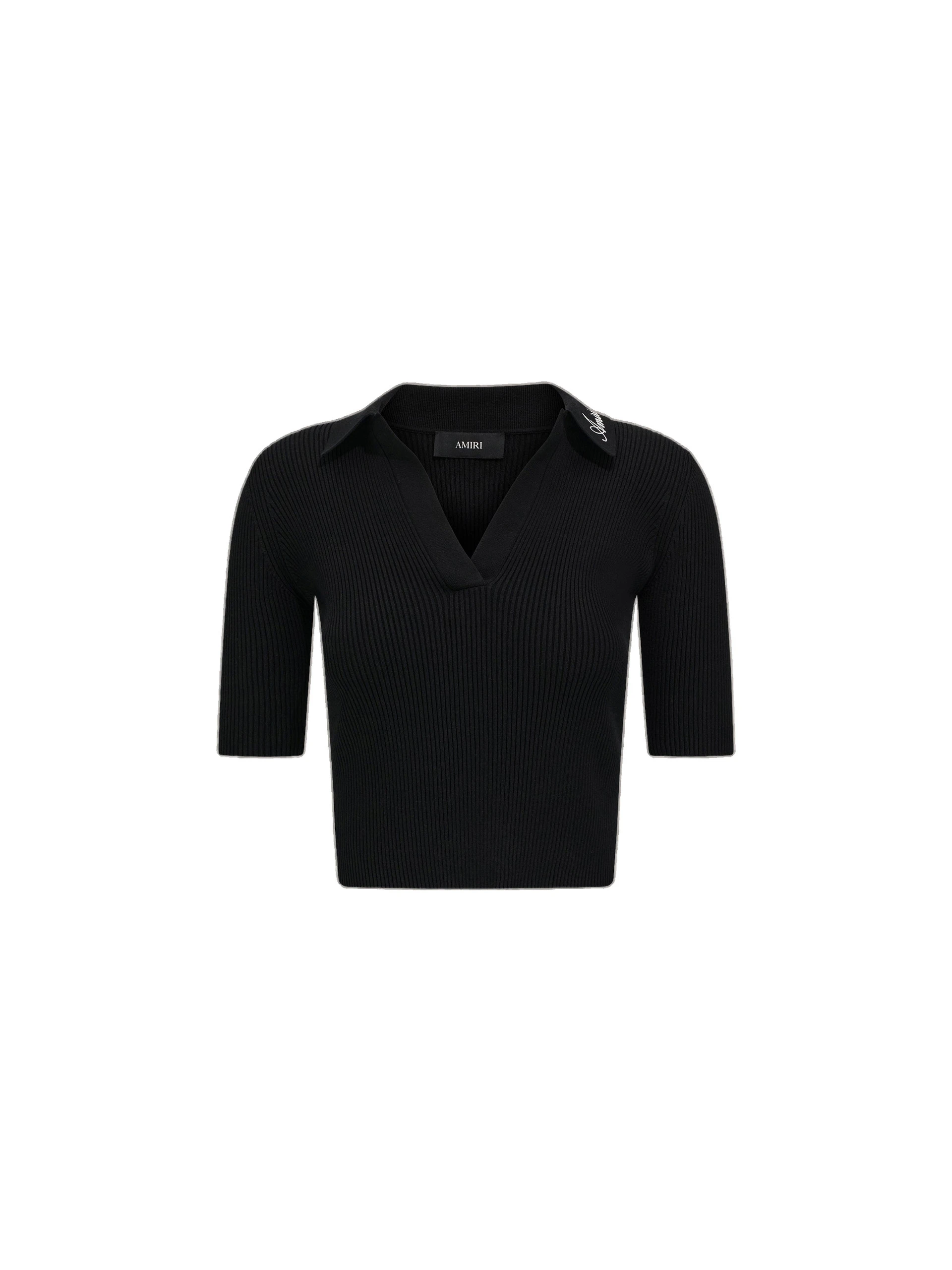 Amiri Script Rib Knit Short Sleeve Polo in Black Amiri Script Rib Knit Short Sleeve Polo in Black | Tops | Luxury Shoes