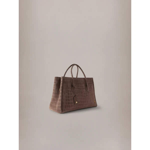 Amiri Suede Croc Honey 50 Tote in Dark Brown, view 3 | Totes & Top-Handle Bags | Luxury Shoes 
