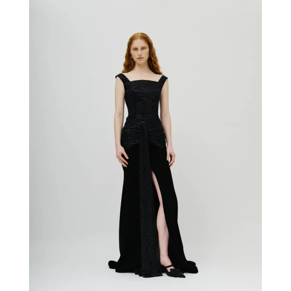 Avaro Figlio Arabella Black Crystal Ruched Mermaid Gown, view 2