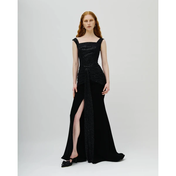 Avaro Figlio Arabella Black Crystal Ruched Mermaid Gown, view 5
