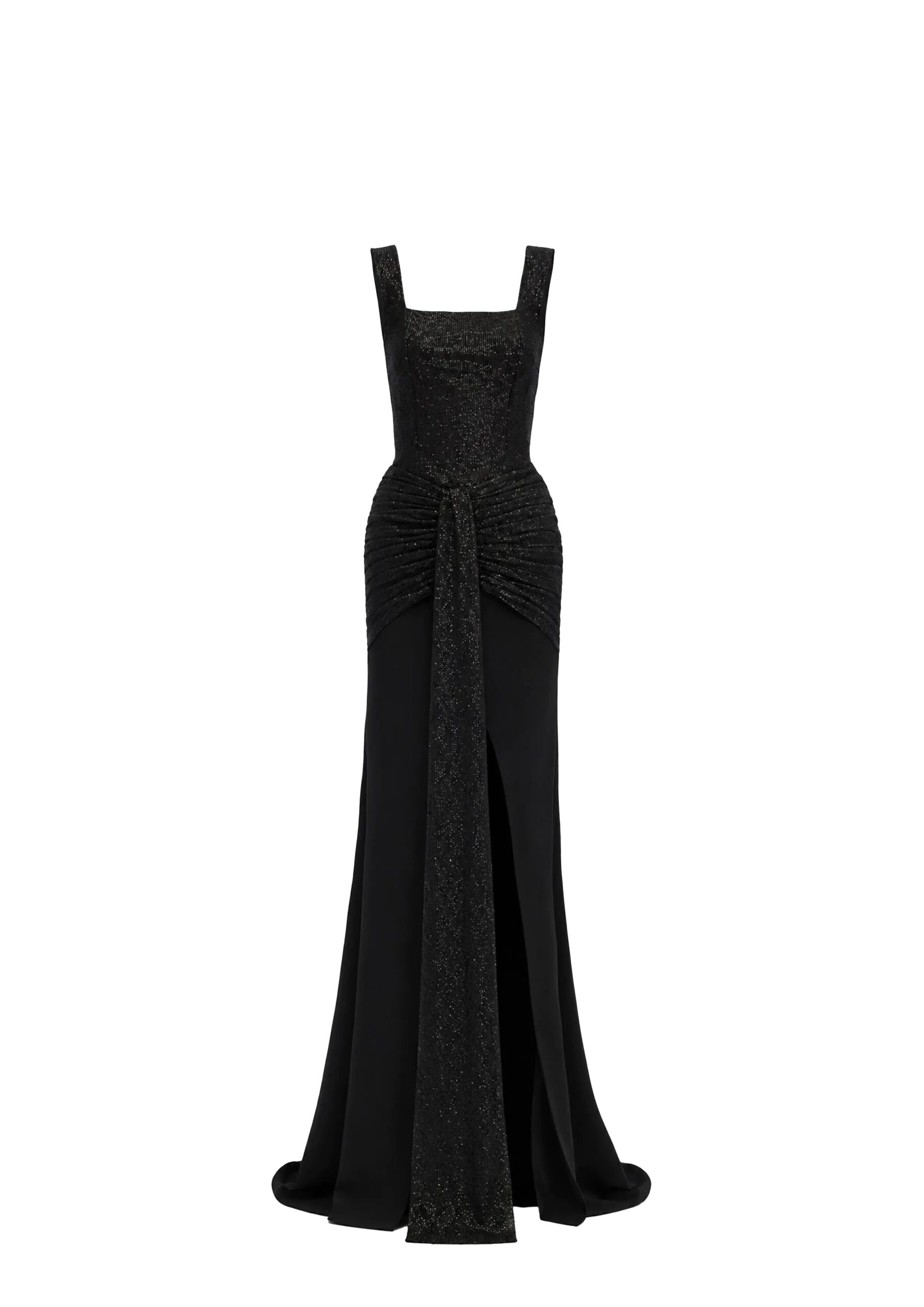 Avaro Figlio Arabella Black Crystal Ruched Mermaid Gown in Black