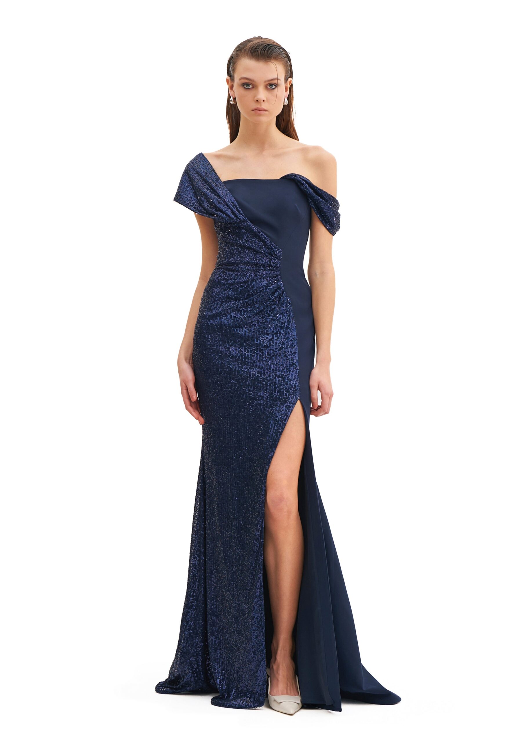 Avaro Figlio Asymmetric Draped Maxi Dress With Slit in Blue