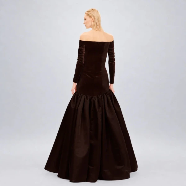 Avaro Figlio Brown Velvet Off-Shoulder Corseted Gown, view 3