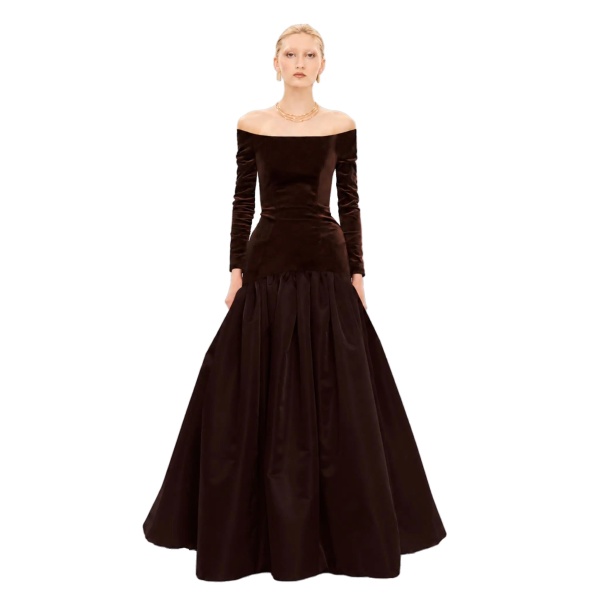 Avaro Figlio Brown Velvet Off-Shoulder Corseted Gown
