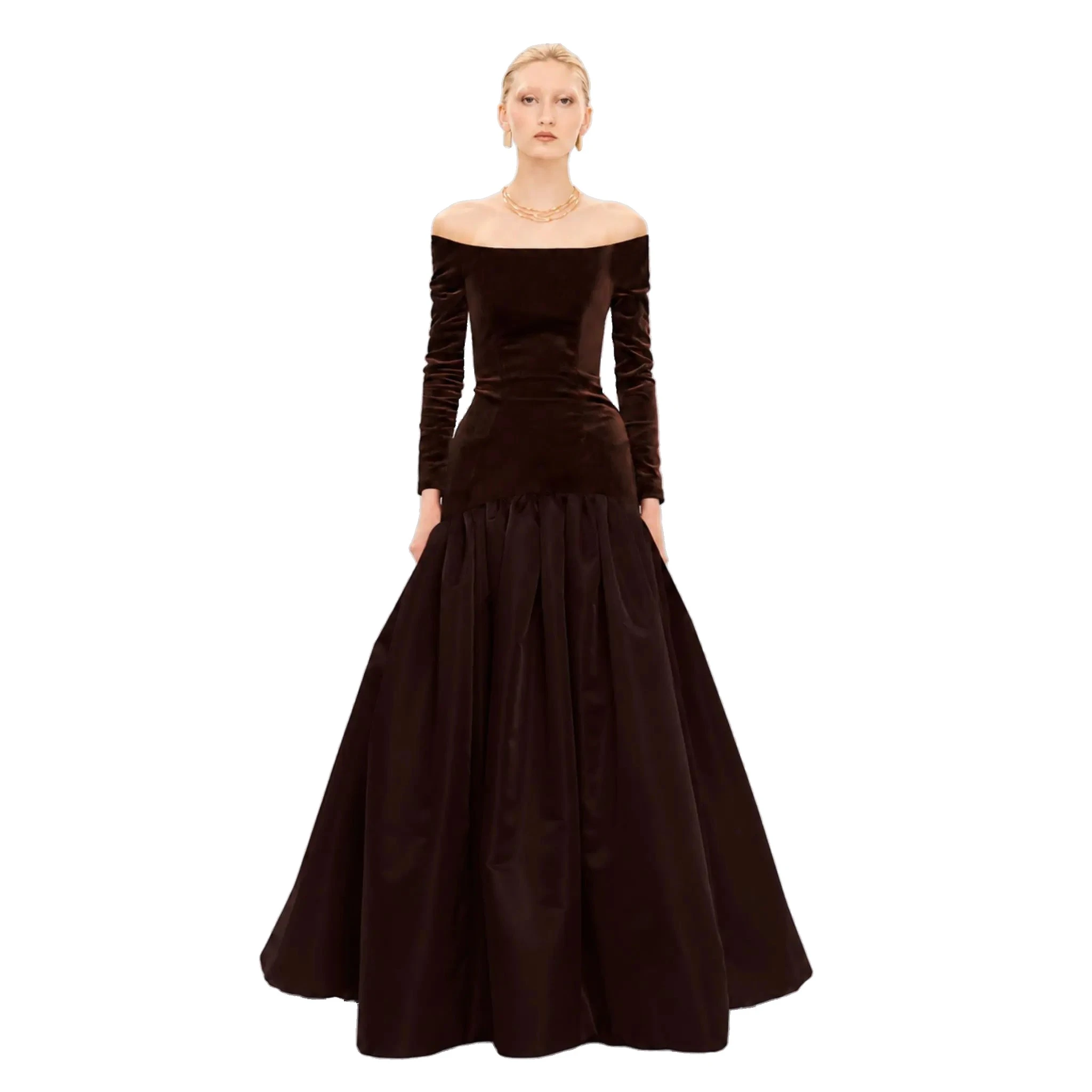 Avaro Figlio Brown Velvet Off-Shoulder Corseted Gown in Beige