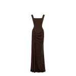 Avaro Figlio Celestial Brown Crystal Boat Neck Maxi Dress