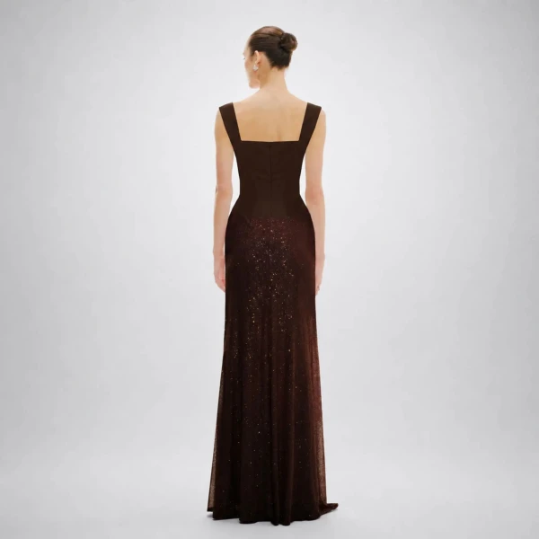Avaro Figlio Celestial Brown Crystal Boat Neck Maxi Dress, view 3