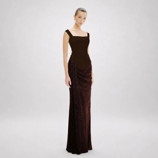 Avaro Figlio Celestial Brown Crystal Boat Neck Maxi Dress, view 4
