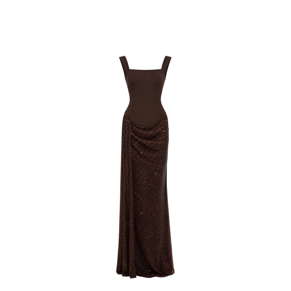Avaro Figlio Celestial Brown Crystal Boat Neck Maxi Dress