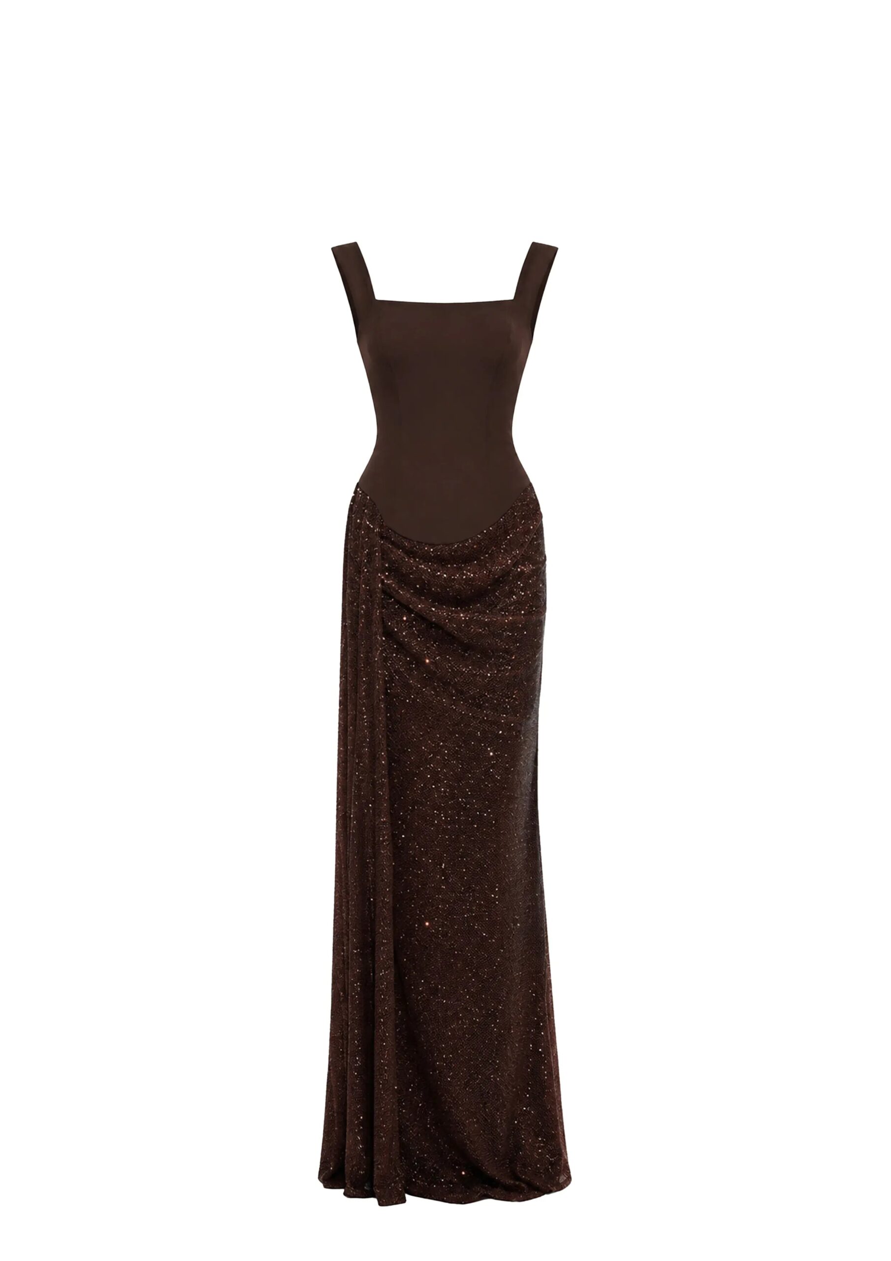 Avaro Figlio Celestial Brown Crystal Boat Neck Maxi Dress in Beige