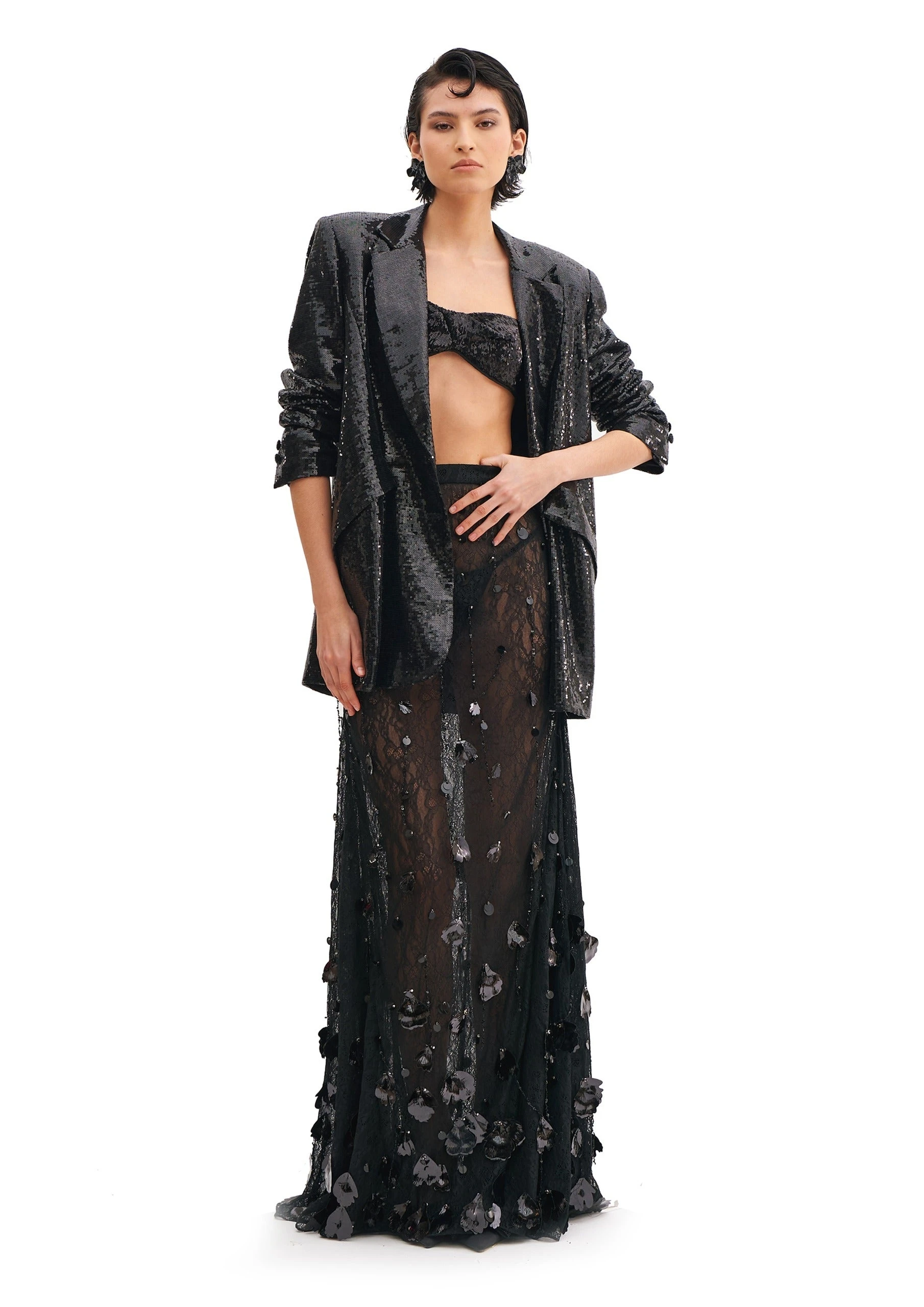 Avaro Figlio Chantilly Embroidery Mermaid Skirt in Black