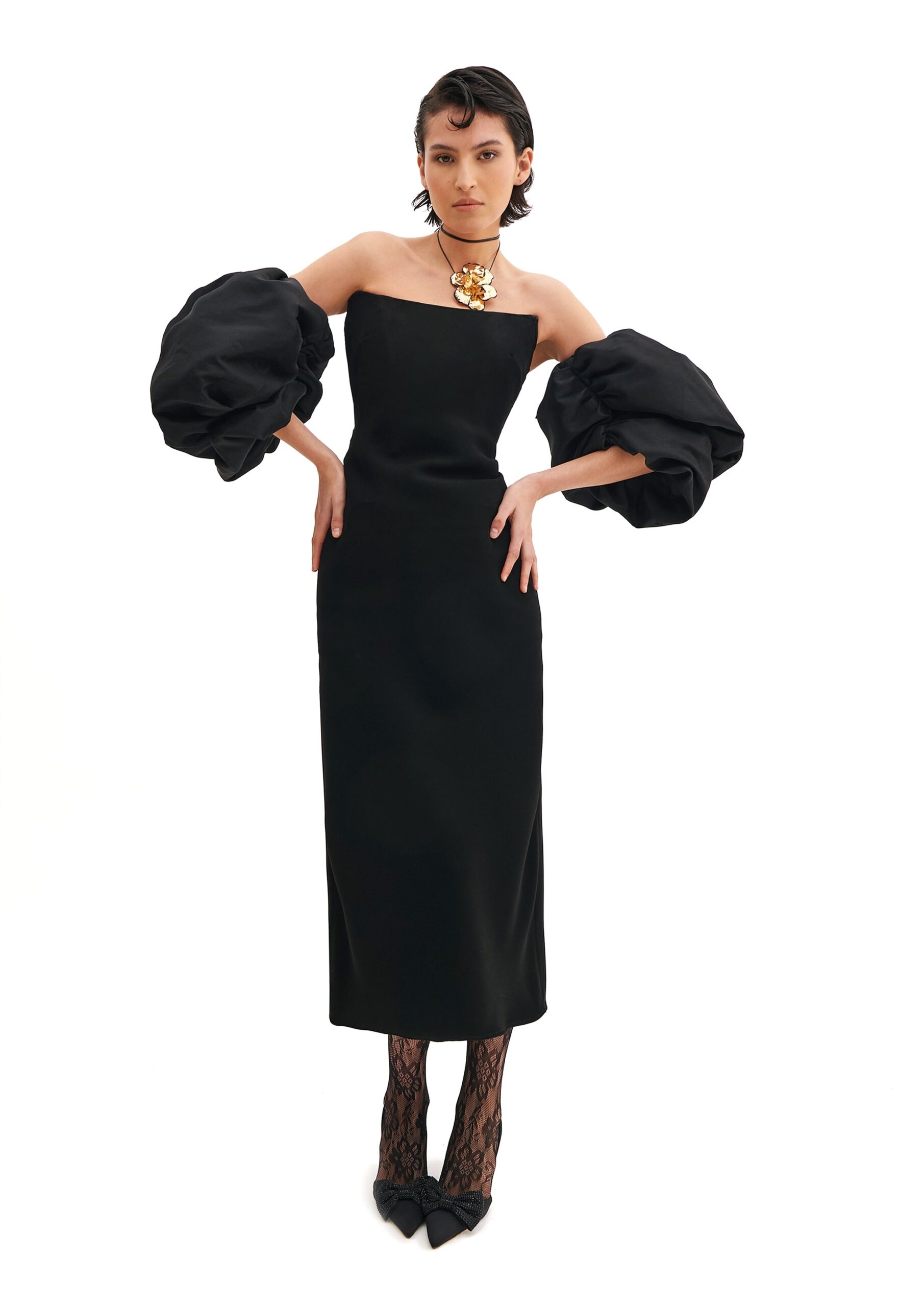 Avaro Figlio Corseted Tube Dress With Puffy Sleeves in Black